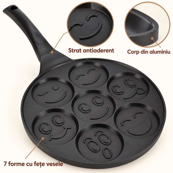Tigaie pentru clatite VarioShop®, 7 forme cu fete zambitoare, invelis antiaderent, aluminiu, 26,5 cm, compatibila cu plite pe gaz, electrice si ceramice, negru marmorat [7]