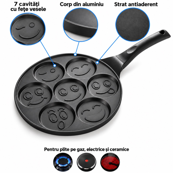Tigaie pentru clatite VarioShop®, 7 forme cu fete zambitoare, invelis antiaderent, aluminiu, 26,5 cm, compatibila cu plite pe gaz, electrice si ceramice, negru marmorat [9]