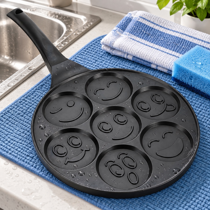 Tigaie pentru clatite VarioShop®, 7 forme cu fete zambitoare, invelis antiaderent, aluminiu, 26,5 cm, compatibila cu plite pe gaz, electrice si ceramice, negru marmorat [8]