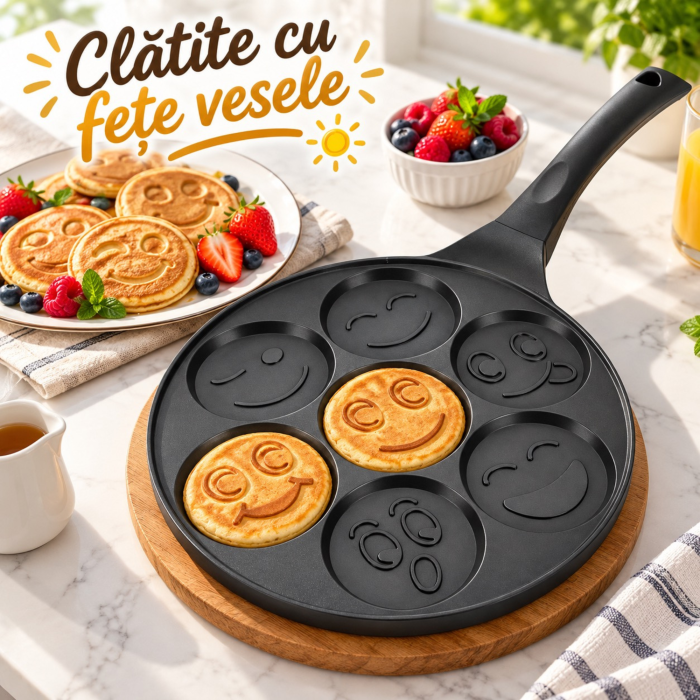 Tigaie pentru clatite VarioShop®, 7 forme cu fete zambitoare, invelis antiaderent, aluminiu, 26,5 cm, compatibila cu plite pe gaz, electrice si ceramice, negru marmorat [5]