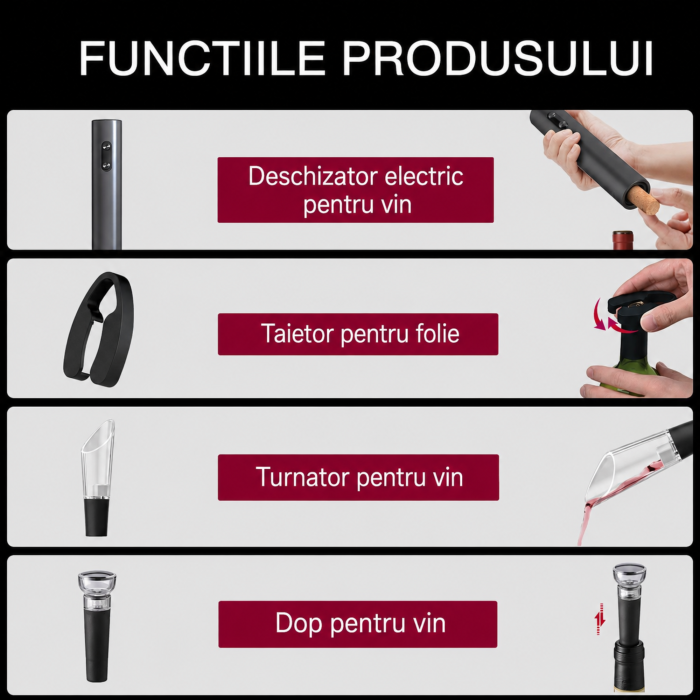 Tirbuson electric automat VarioShop®, pentru sticle de vin, cu turnator, dop cu vid, taietor folie si suport depozitare, alimentare 4 x AA, negru [2]