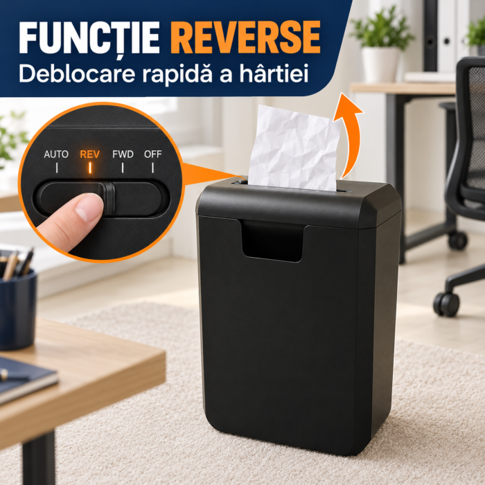 Tocator automat de hartie VarioShop®, taiere 6 mm, functie AUTO/REV/FWD/OFF, cos 10 L, nivel securitate P-2, protectie supraincalzire, negru [7]