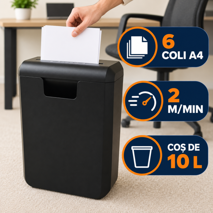 Tocator automat de hartie VarioShop®, taiere 6 mm, functie AUTO/REV/FWD/OFF, cos 10 L, nivel securitate P-2, protectie supraincalzire, negru [6]