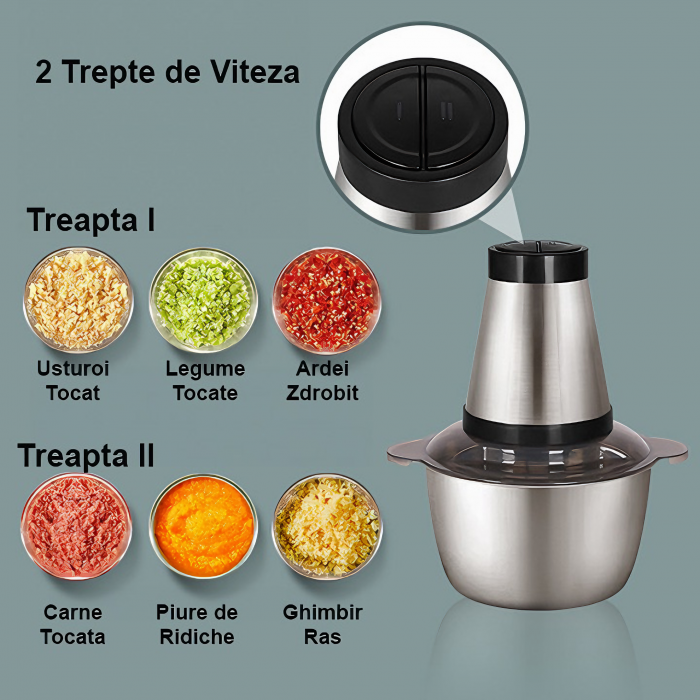 Tocator electric multifunctional VarioShop®, pentru Carne, Fructe si Legume, din inox de inalta calitate, cu 2 viteze si capacitate de 2 litri, 3 lame din otel inoxidabil si motor puternic 250W, argin [6]