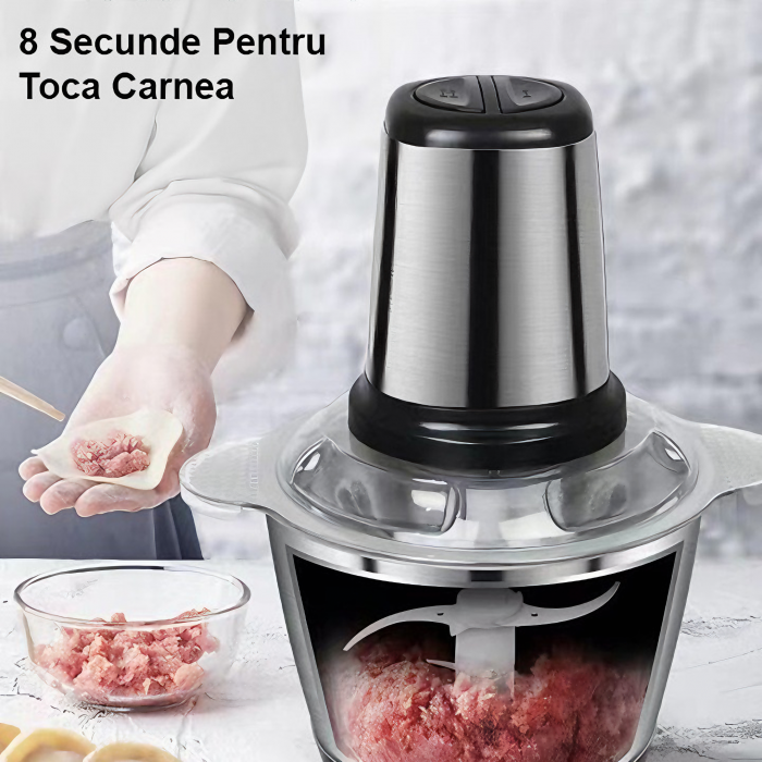 Tocator electric multifunctional VarioShop®, pentru Carne, Fructe si Legume, din inox de inalta calitate, cu 2 viteze si capacitate de 2 litri, 3 lame din otel inoxidabil si motor puternic 250W, argin [8]