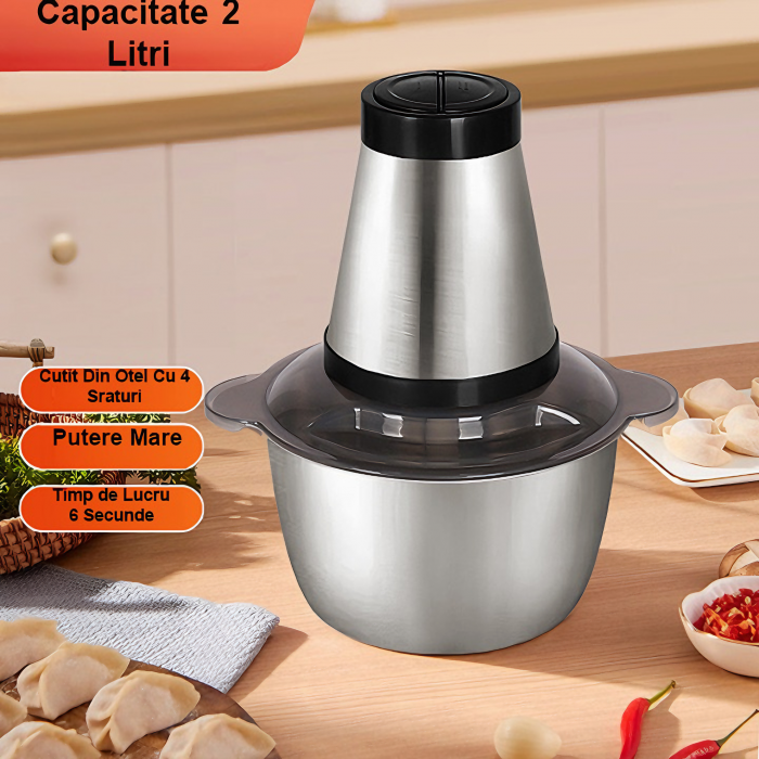 Tocator electric multifunctional VarioShop®, pentru Carne, Fructe si Legume, din inox de inalta calitate, cu 2 viteze si capacitate de 2 litri, 3 lame din otel inoxidabil si motor puternic 250W, argin [7]