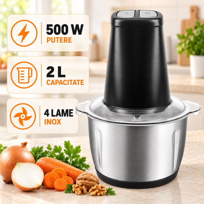 Tocator electric VarioShop®, 500W, bol 2L, 4 lame inox, 2 viteze, functie Pulse, protectie la pornire accidentala, pentru carne, legume, fructe si nuci [5]