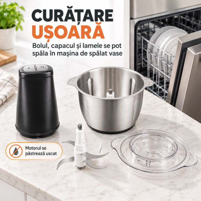 Tocator electric VarioShop®, 500W, bol 2L, 4 lame inox, 2 viteze, functie Pulse, protectie la pornire accidentala, pentru carne, legume, fructe si nuci [3]