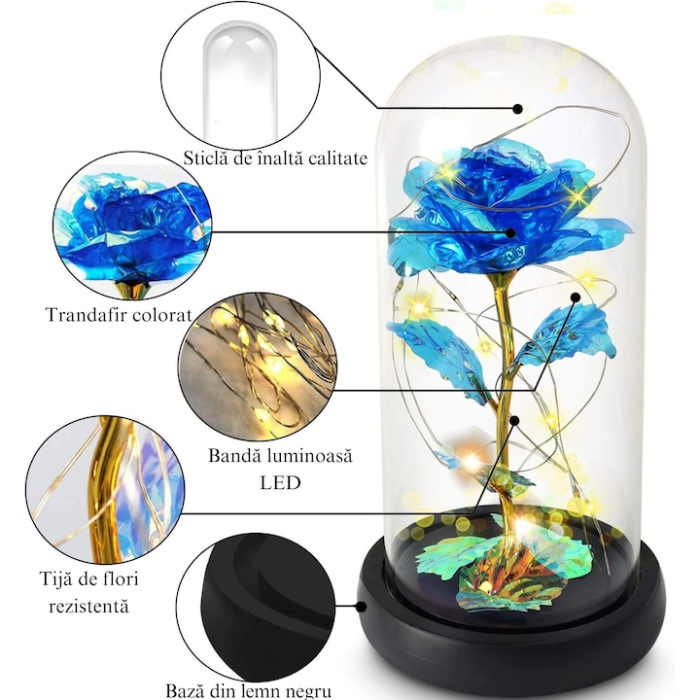 Trandafir albastru VarioShop, iluminare LED RGB, cupolă de sticlă, 19x9cm [3]