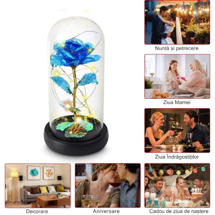Trandafir albastru VarioShop, iluminare LED RGB, cupolă de sticlă, 19x9cm [2]