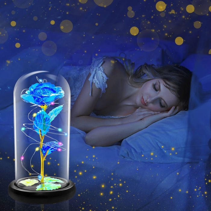 Trandafir albastru VarioShop, iluminare LED RGB, cupolă de sticlă, 19x9cm [4]