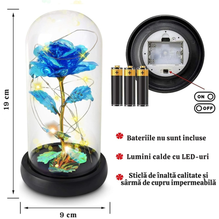 Trandafir albastru VarioShop, iluminare LED RGB, cupolă de sticlă, 19x9cm [7]