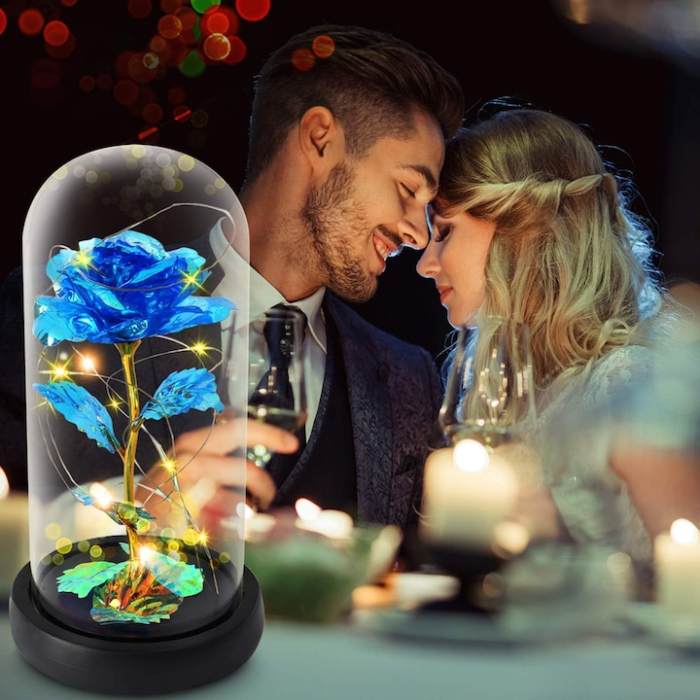 Trandafir albastru VarioShop, iluminare LED RGB, cupolă de sticlă, 19x9cm [5]