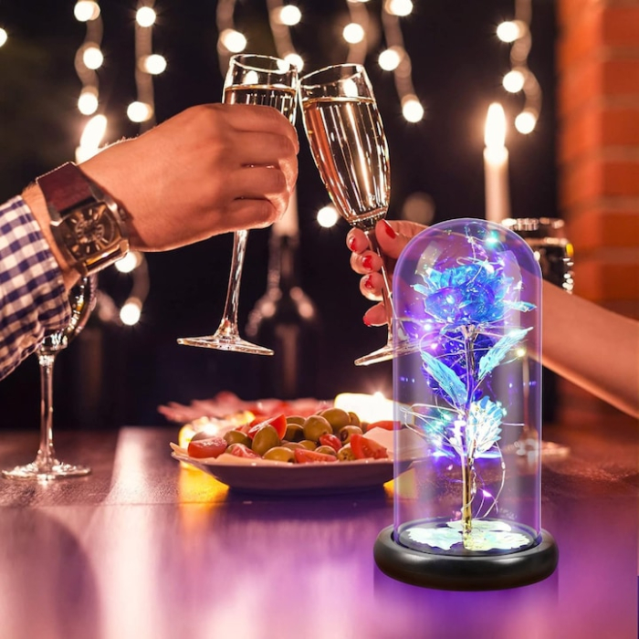 Trandafir albastru VarioShop, iluminare LED RGB, cupolă de sticlă, 19x9cm [6]
