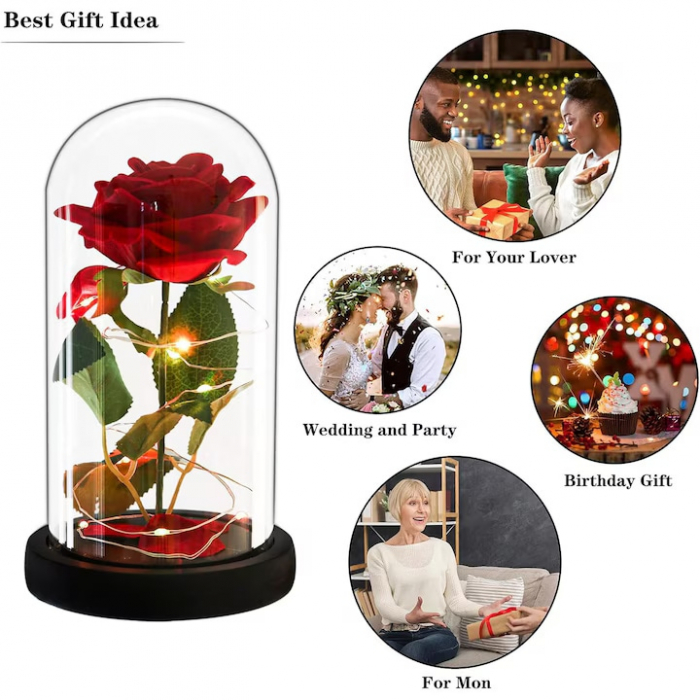 Trandafir rosu criogenat VarioShop®, in cupola de sticla, iluminat LED, include 100 de petale de trandafir, cutie de cadou, funda, pe blat negru, ideal pentru evenimente speciale, dimensiuni 22 x 11 c [3]