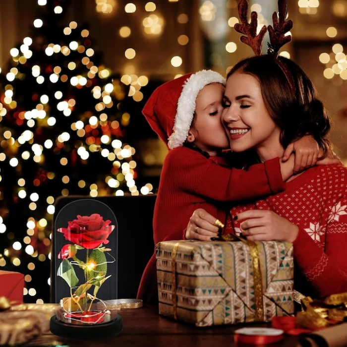 Trandafir rosu criogenat VarioShop®, in cupola de sticla, iluminat LED, include 100 de petale de trandafir, cutie de cadou, funda, pe blat negru, ideal pentru evenimente speciale, dimensiuni 22 x 11 c [2]