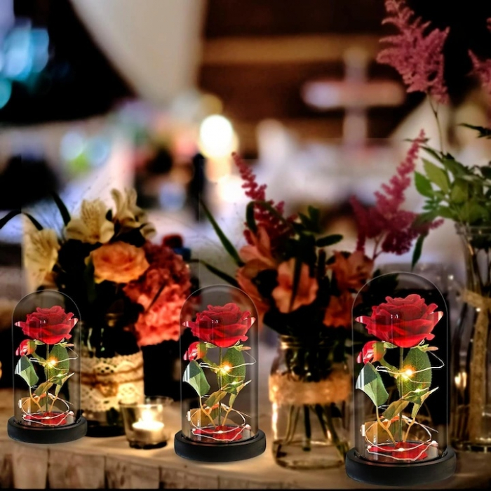 Trandafir rosu criogenat VarioShop®, in cupola de sticla, iluminat LED, include 100 de petale de trandafir, cutie de cadou, funda, pe blat negru, ideal pentru evenimente speciale, dimensiuni 22 x 11 c [4]