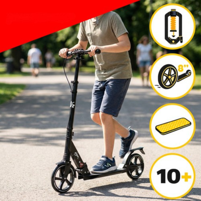 Trotineta pliabila VarioShop®, pentru copii si adulti, roti 20 cm, suspensie, frana pe disc, suport parcare, pentru oras si transport rapid, negru [5]