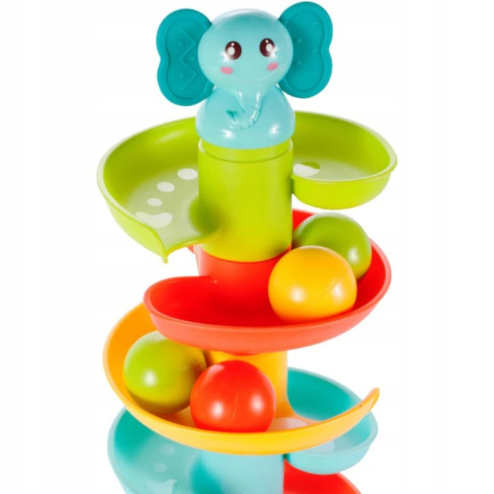 Turn cu bile pentru bebelusi, 48x16.5 cm, cu 6 bile colorate, pista spirala, jucarie educativa senzoriala 18+ luni, dezvoltare motrica si coordonare, usor de asamblat, motiv elefant, multicolor [7]