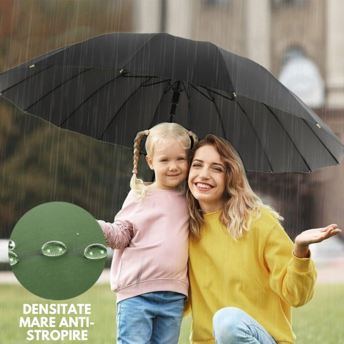 Umbrela automata VarioShop®, 24 fire din fibra de sticla, maner din lemn, rezistenta la vant, sistem One Click, unisex, diametru cupola 145 cm, Negru [4]