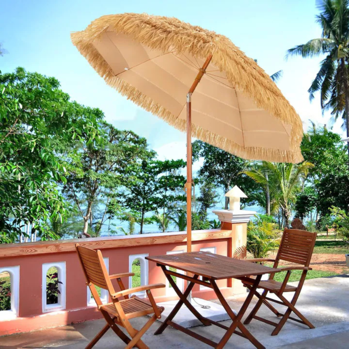 Umbrela pliabila VarioShop®, pentru plaja si gradina, stil hawaian, cupola 170 cm, inclinare 45°, inaltime reglabila 105-185 cm, husa inclusa, bej [5]