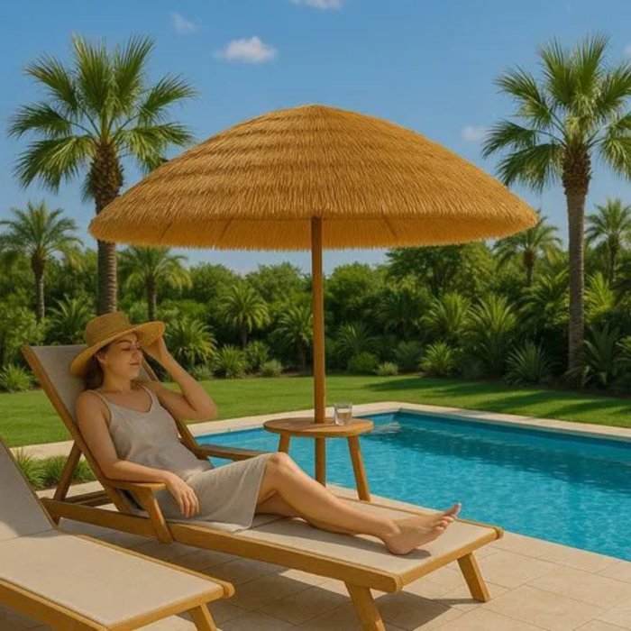 Umbrela pliabila VarioShop®, pentru plaja si gradina, stil hawaian, cupola 170 cm, inclinare 45°, inaltime reglabila 105-185 cm, husa inclusa, bej [8]