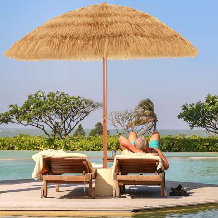 Umbrela pliabila VarioShop®, pentru plaja si gradina, stil hawaian, cupola 170 cm, inclinare 45°, inaltime reglabila 105-185 cm, husa inclusa, bej [7]