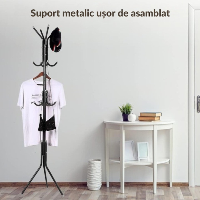 Umeras metalic VarioShop®, 12 brate pe 3 niveluri, protectie haine, design robust si usor, inaltime 174 cm, Negru [2]