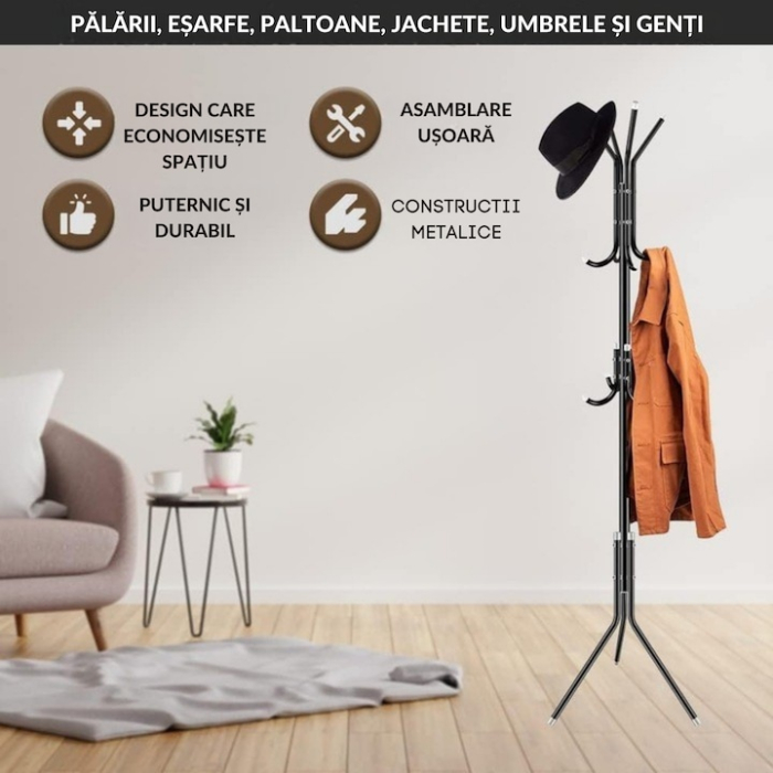 Umeras metalic VarioShop®, 12 brate pe 3 niveluri, protectie haine, design robust si usor, inaltime 174 cm, Negru [3]