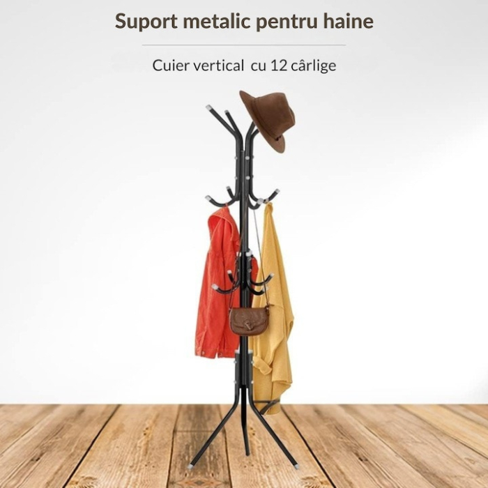 Umeras metalic VarioShop®, 12 brate pe 3 niveluri, protectie haine, design robust si usor, inaltime 174 cm, Negru [4]