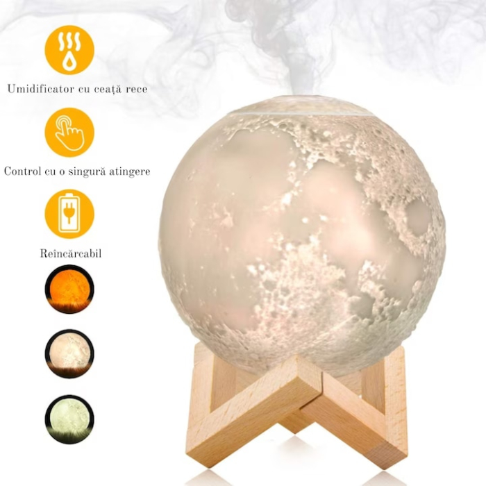 Umidificator cu lampa de veghe in forma de luna VarioShop®, lumina 3 culori, stand lemn, capacitate rezervor 880 ml, 3W, 15 dB, 16 x 13 cm [2]