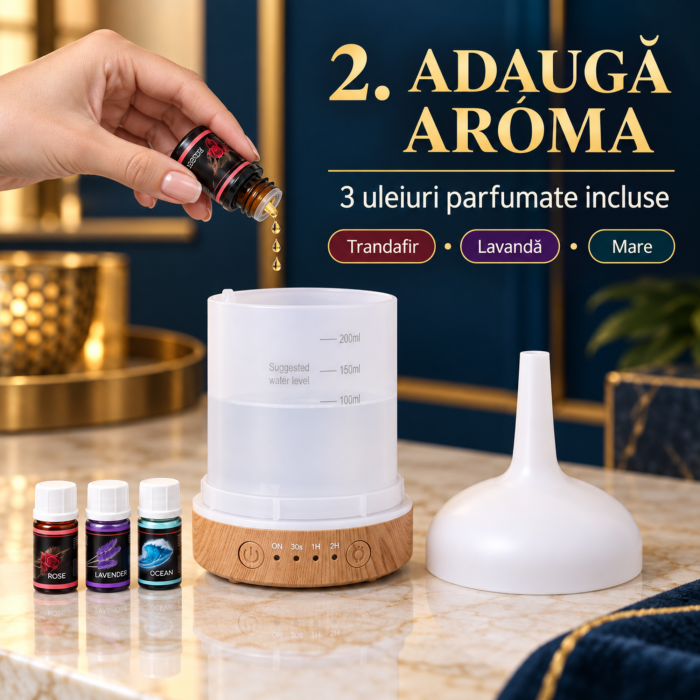 Umidificator de aer tip lampa VarioShop® cu functie de aromaterapie, 3 in 1, doua moduri de pulverizare, efect 3D artificii, LED RGB, 200 ml, cronometru, 3 uleiuri, maro/bej [7]