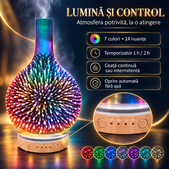 Umidificator de aer tip lampa VarioShop® cu functie de aromaterapie, 3 in 1, doua moduri de pulverizare, efect 3D artificii, LED RGB, 200 ml, cronometru, 3 uleiuri, maro/bej [3]