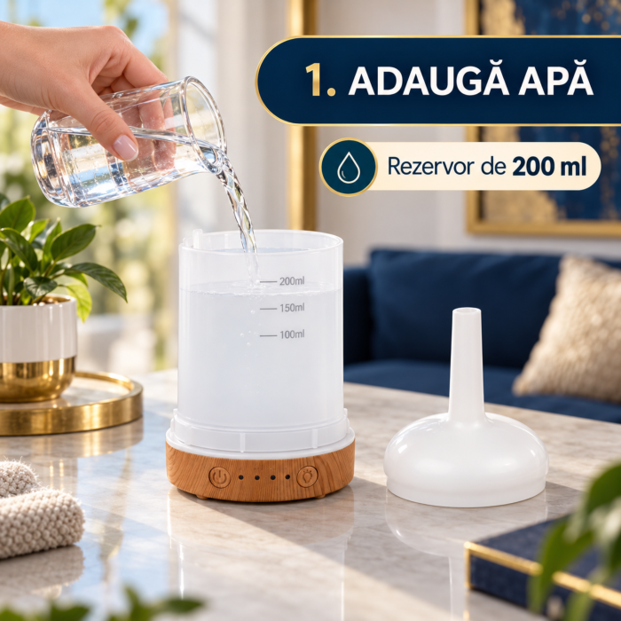 Umidificator de aer tip lampa VarioShop® cu functie de aromaterapie, 3 in 1, doua moduri de pulverizare, efect 3D artificii, LED RGB, 200 ml, cronometru, 3 uleiuri, maro/bej [6]