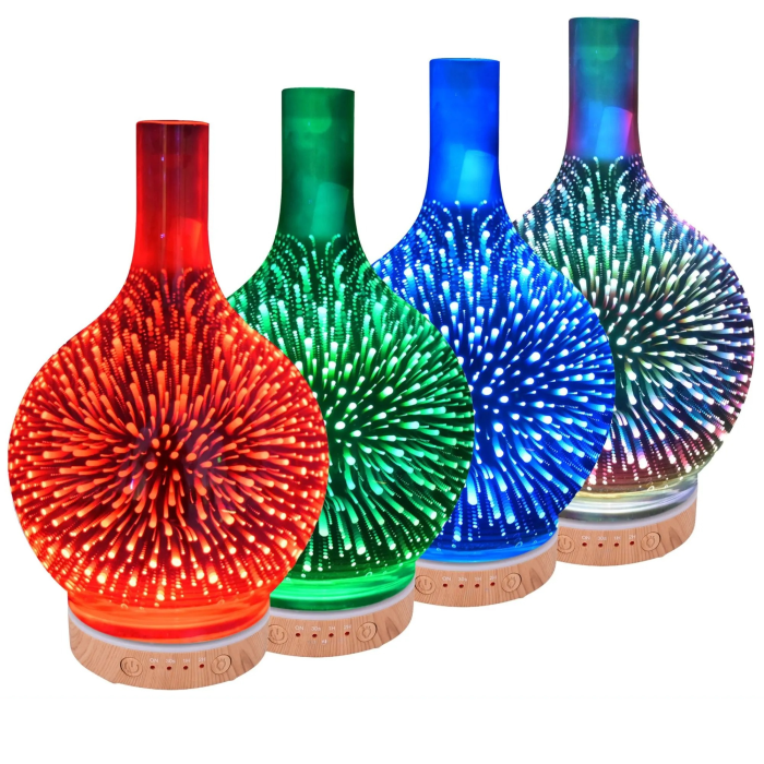 Umidificator de aer tip lampa VarioShop® cu functie de aromaterapie, 3 in 1, doua moduri de pulverizare, efect 3D artificii, LED RGB, 200 ml, cronometru, 3 uleiuri, maro/bej [10]