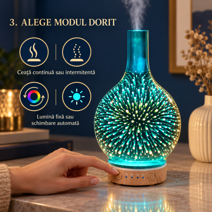 Umidificator de aer tip lampa VarioShop® cu functie de aromaterapie, 3 in 1, doua moduri de pulverizare, efect 3D artificii, LED RGB, 200 ml, cronometru, 3 uleiuri, maro/bej [8]