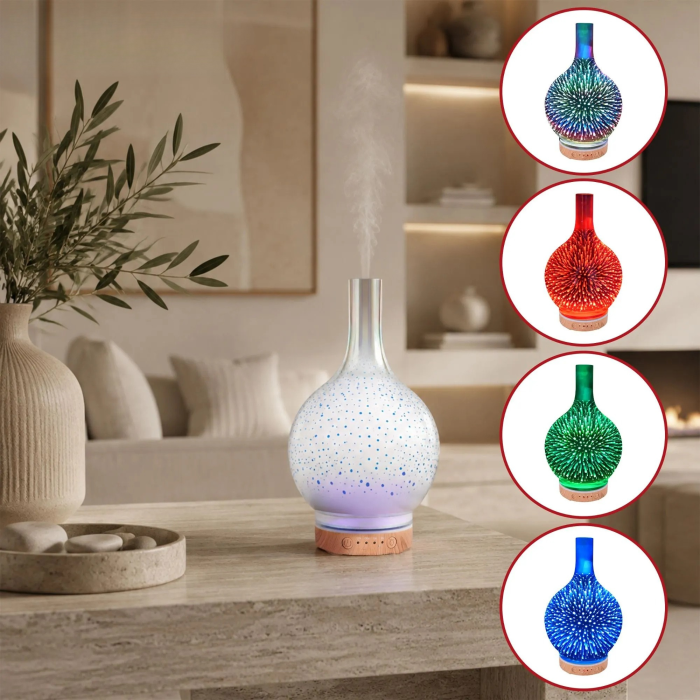 Umidificator de aer tip lampa VarioShop® cu functie de aromaterapie, 3 in 1, doua moduri de pulverizare, efect 3D artificii, LED RGB, 200 ml, cronometru, 3 uleiuri, maro/bej [9]