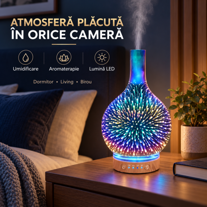 Umidificator de aer tip lampa VarioShop® cu functie de aromaterapie, 3 in 1, doua moduri de pulverizare, efect 3D artificii, LED RGB, 200 ml, cronometru, 3 uleiuri, maro/bej [2]