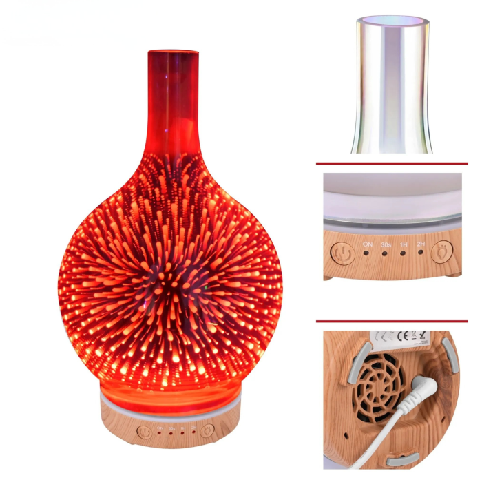 Umidificator de aer tip lampa VarioShop® cu functie de aromaterapie, 3 in 1, doua moduri de pulverizare, efect 3D artificii, LED RGB, 200 ml, cronometru, 3 uleiuri, maro/bej [14]