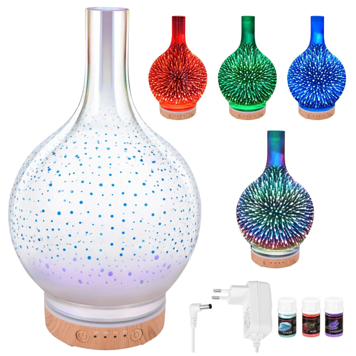 Umidificator de aer tip lampa VarioShop® cu functie de aromaterapie, 3 in 1, doua moduri de pulverizare, efect 3D artificii, LED RGB, 200 ml, cronometru, 3 uleiuri, maro/bej [15]