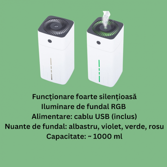 Umidificator de aer VarioShop®, cu iluminare de fundal, pentru birou, dormitor, camera copiilor, silentios, capacitate 1000 ml, alimentare cablu USB, 22x10x10 cm, Alb [3]