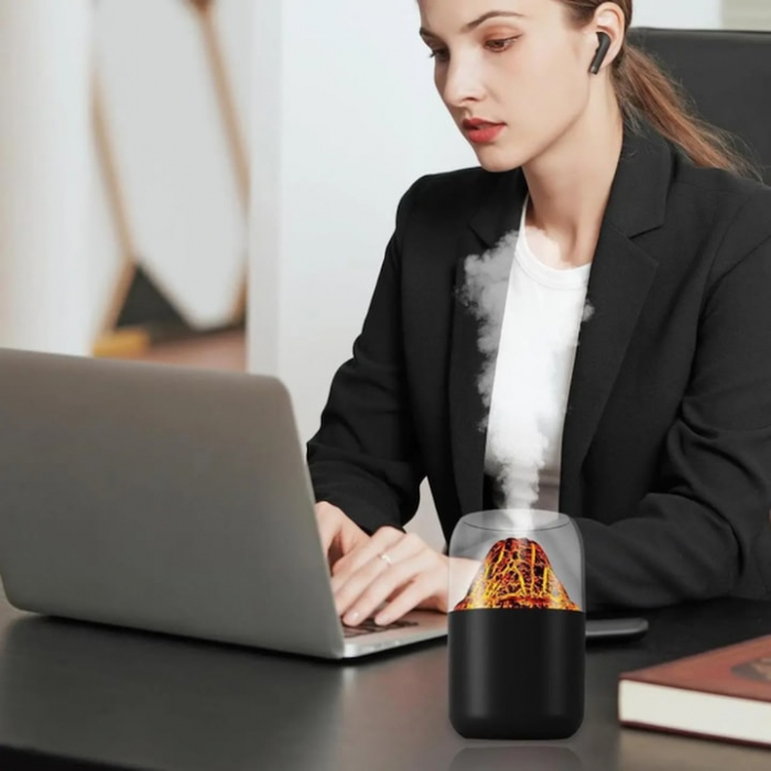 Umidificator de aer VarioShop®, tip vulcan cu difuzor si aromaterapie, capacitate 300 ml, iluminare RGB, oprire automata, pentru dormitor, birou, living, 14.5 x 8.5 cm, Negru [5]