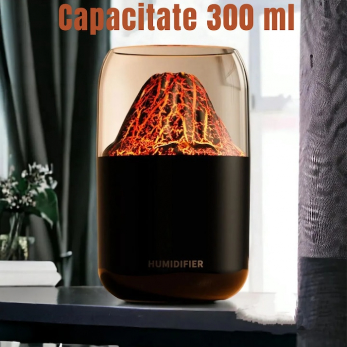 Umidificator de aer VarioShop®, tip vulcan cu difuzor si aromaterapie, capacitate 300 ml, iluminare RGB, oprire automata, pentru dormitor, birou, living, 14.5 x 8.5 cm, Negru [6]