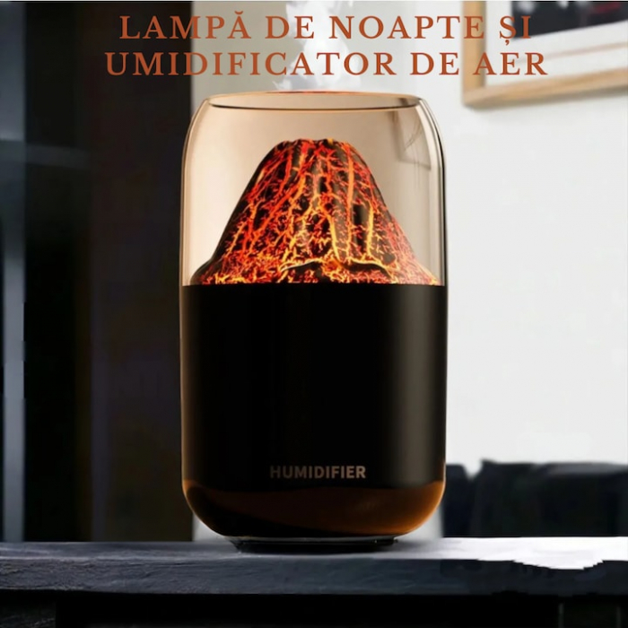 Umidificator de aer VarioShop®, tip vulcan cu difuzor si aromaterapie, capacitate 300 ml, iluminare RGB, oprire automata, pentru dormitor, birou, living, 14.5 x 8.5 cm, Negru [2]