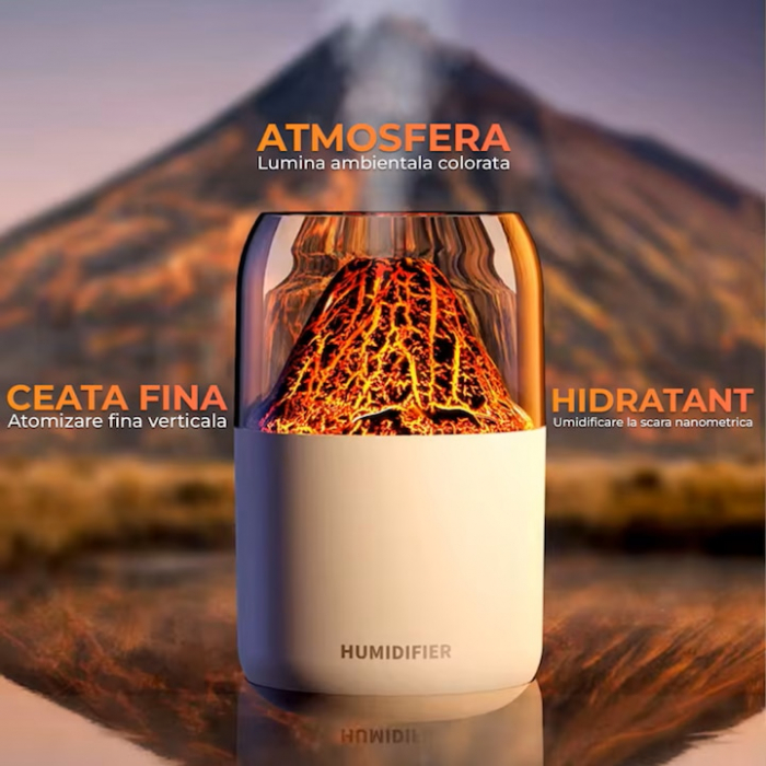 Umidificator de aer VarioShop®, tip vulcan cu difuzor si aromaterapie, iluminare RGB, oprire automata, pentru dormitor, birou, living, capacitate 300 ml, 14.5 x 8.5 cm, Alb [2]