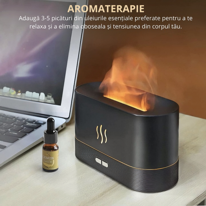 Umidificator de camera VarioShop®, efect de flacara, 7 Lumini + 3 Uleiuri esentiale pure, hidratare si aromaterapie, difuzor ultrasonic, silentios, capacitate 180 ml, 17x9, 8x7, 2 Negru [28]