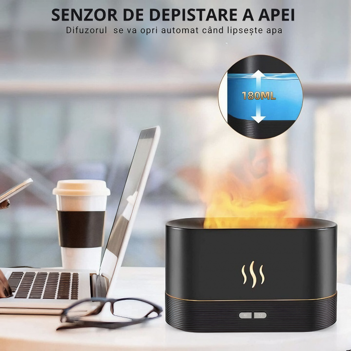Umidificator de camera VarioShop®, efect de flacara, 7 Lumini + 3 Uleiuri esentiale pure, hidratare si aromaterapie, difuzor ultrasonic, silentios, capacitate 180 ml, 17x9, 8x7, 2 Negru [6]