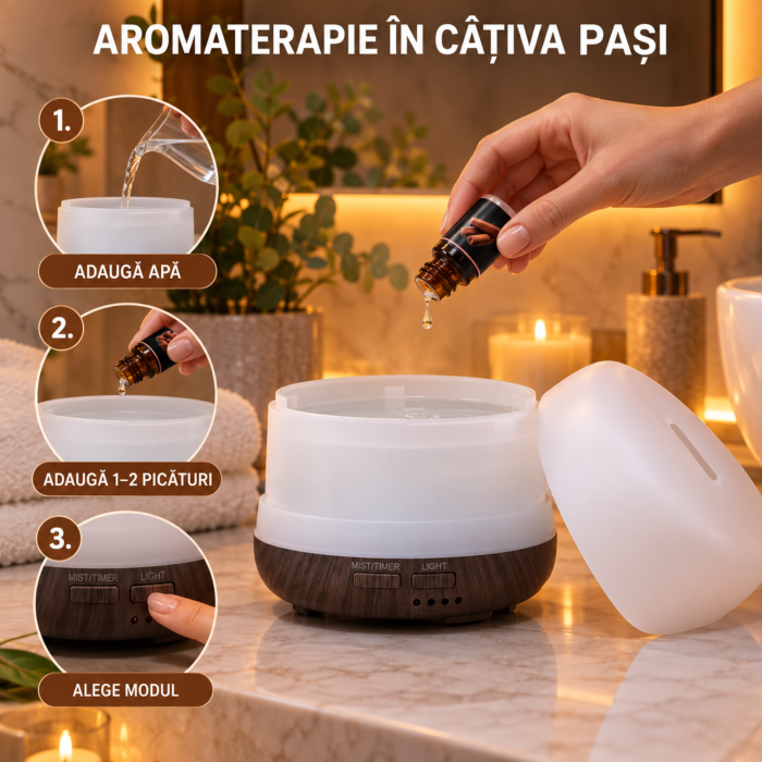 Umidificator ultrasonic 4 in 1 VarioShop® cu difuzor de aromaterapie, ionizator, 2 moduri de pulverizare, telecomanda, 7 culori LED, temporizator 2/4 ore, rezervor 300 ml, 12 W, alb/maro [5]