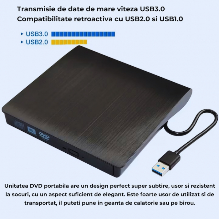 Unitate CD externa VarioShop®, USB 3.0, CD / VCD / DVD Burner Writer, Plug and Play,8X / 24X, Compatibil cu Windows/ Linux/ Mac OS, Negru [16]