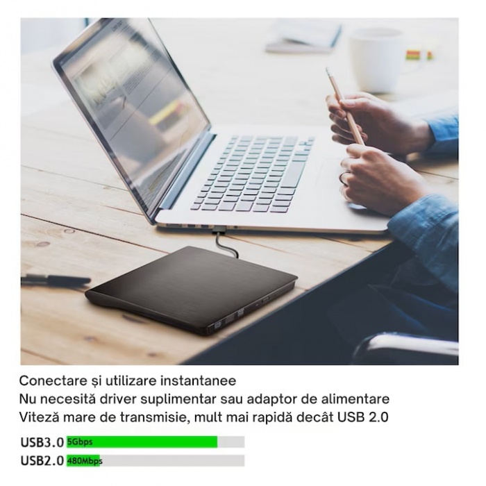Unitate CD externa VarioShop®, USB 3.0, CD / VCD / DVD Burner Writer, Plug and Play,8X / 24X, Compatibil cu Windows/ Linux/ Mac OS, Negru [7]